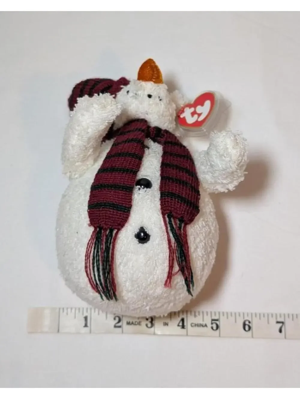 Ty Beanie Baby Snowman Plush Toy with Red and Black Striped Hat and Scarf